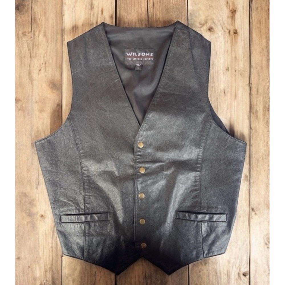 VTG Wilsons Black Leather Vest Mens L Brass Snap Buttons Biker Western